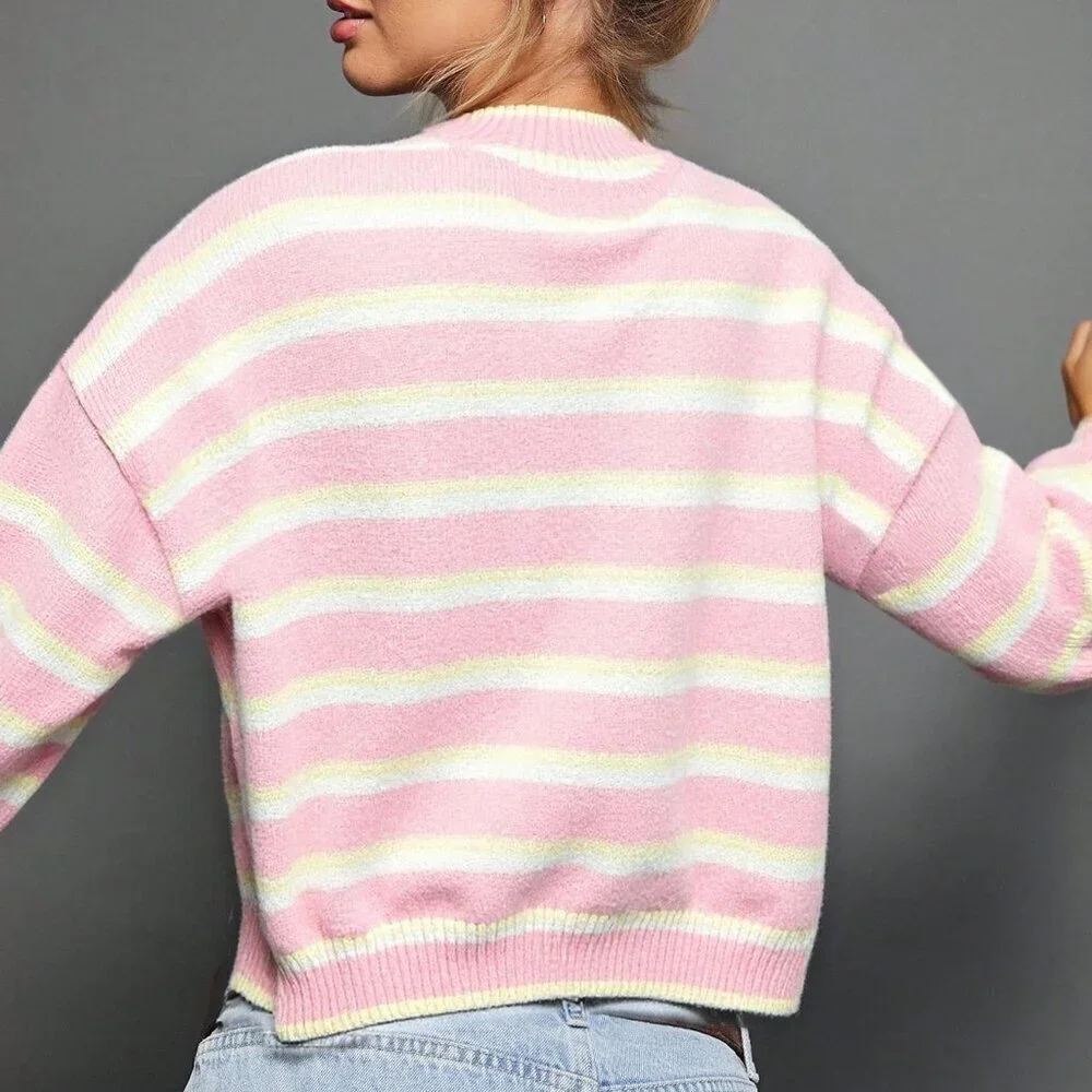 Pink Chic Women's Striped Crewneck Cardigan